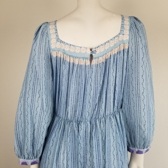 Vintage 70s Jean Jourdan Paris Prarie Peasant Cottagecore Blue Floral Midi Dress - Picture 7 of 10